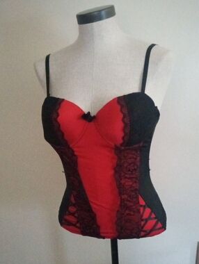 Red and Black Lace Panel Bustier Top